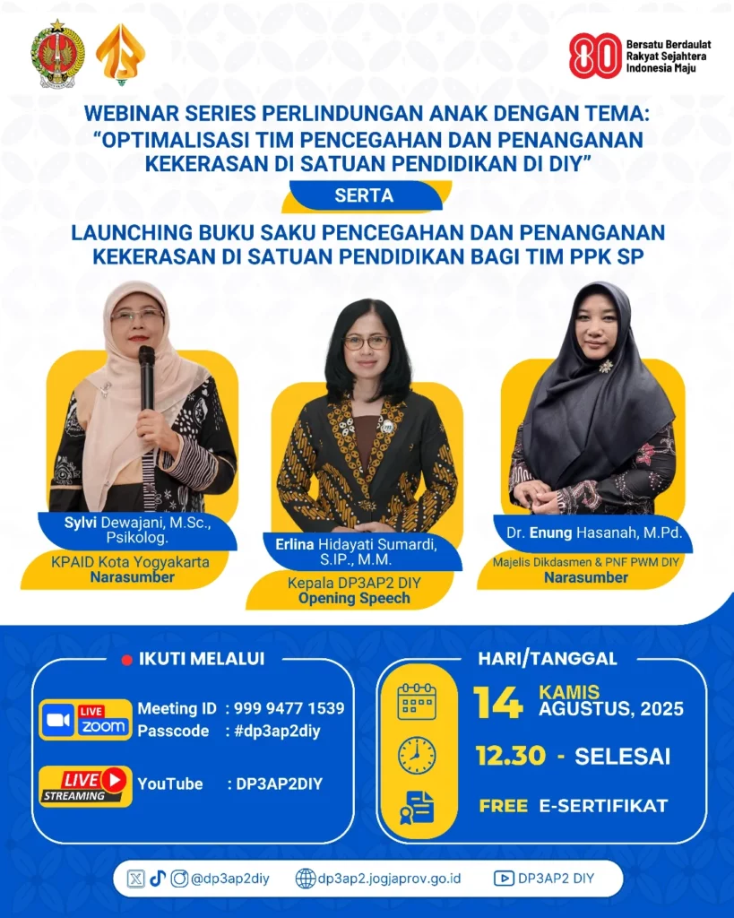 Webinar Series Perlindungan Anak dengan tema “Optimalisasi Tim Pencegahan danPenanganan Kekerasan di Satuan Pendidikan di DIY” Serta Launching Buku SakuPencegahan dan Penanganan Kekerasan di Satuan Pendidikan Bagi TIM PPK SP.